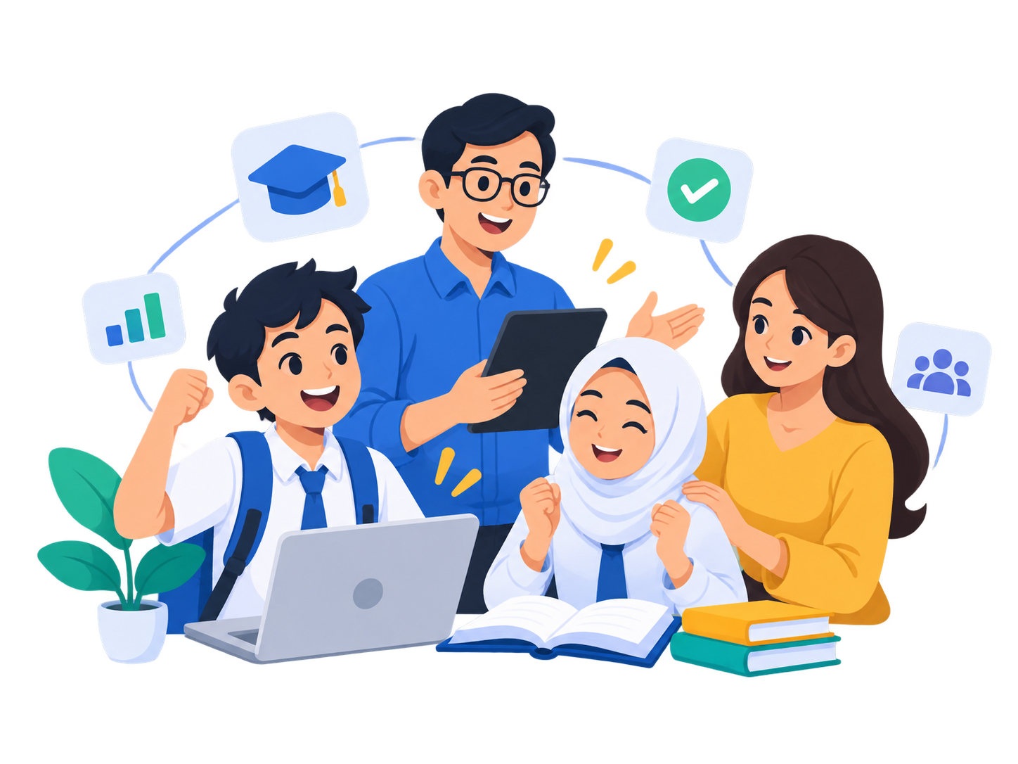 Ilustrasi aktivitas sekolah yang terhubung — guru, siswa, dan orang tua