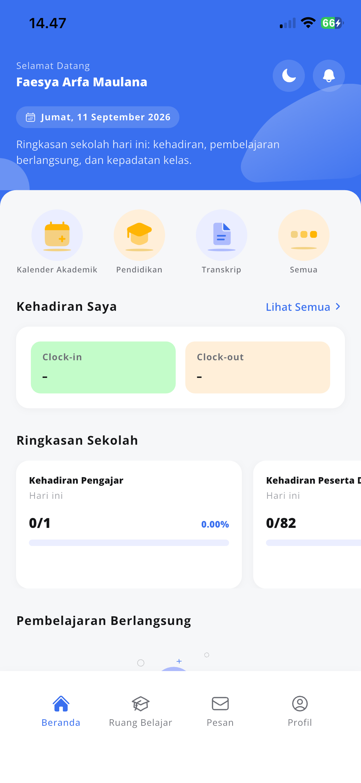 Layar beranda aplikasi mobile AyoSiswa