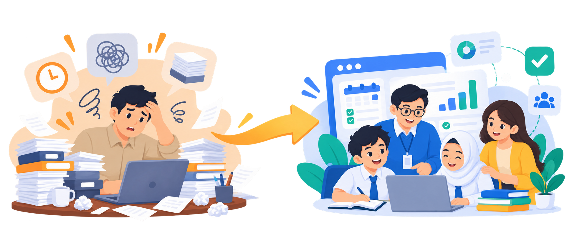 Sebelum AyoSiswa: guru kewalahan dengan tumpukan berkas. Sesudah AyoSiswa: guru, siswa, dan orang tua terhubung dalam satu ekosistem digital.